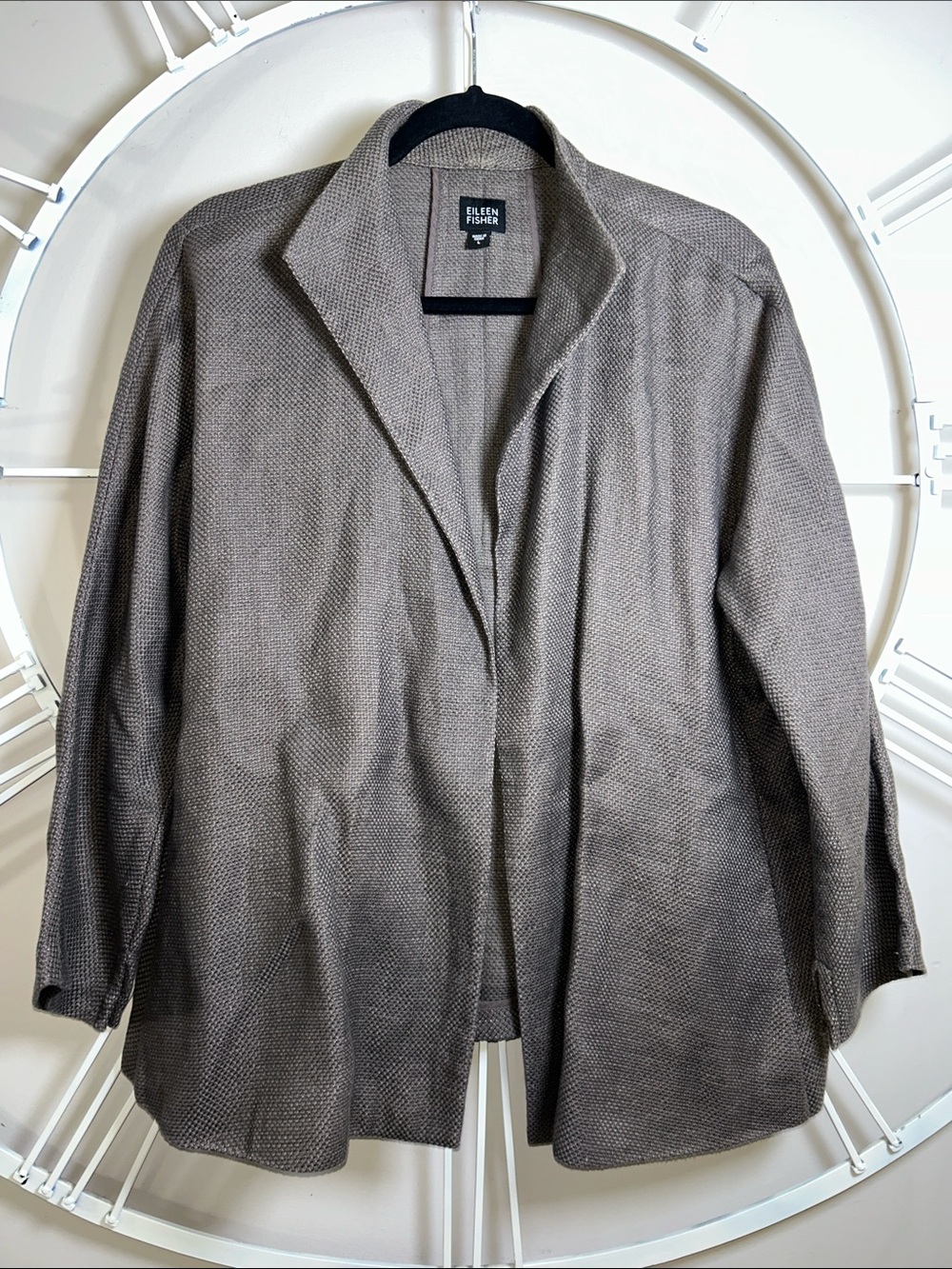 Eileen Fisher Linen Cotton Blend Taupe Textured Open-Front Jacket